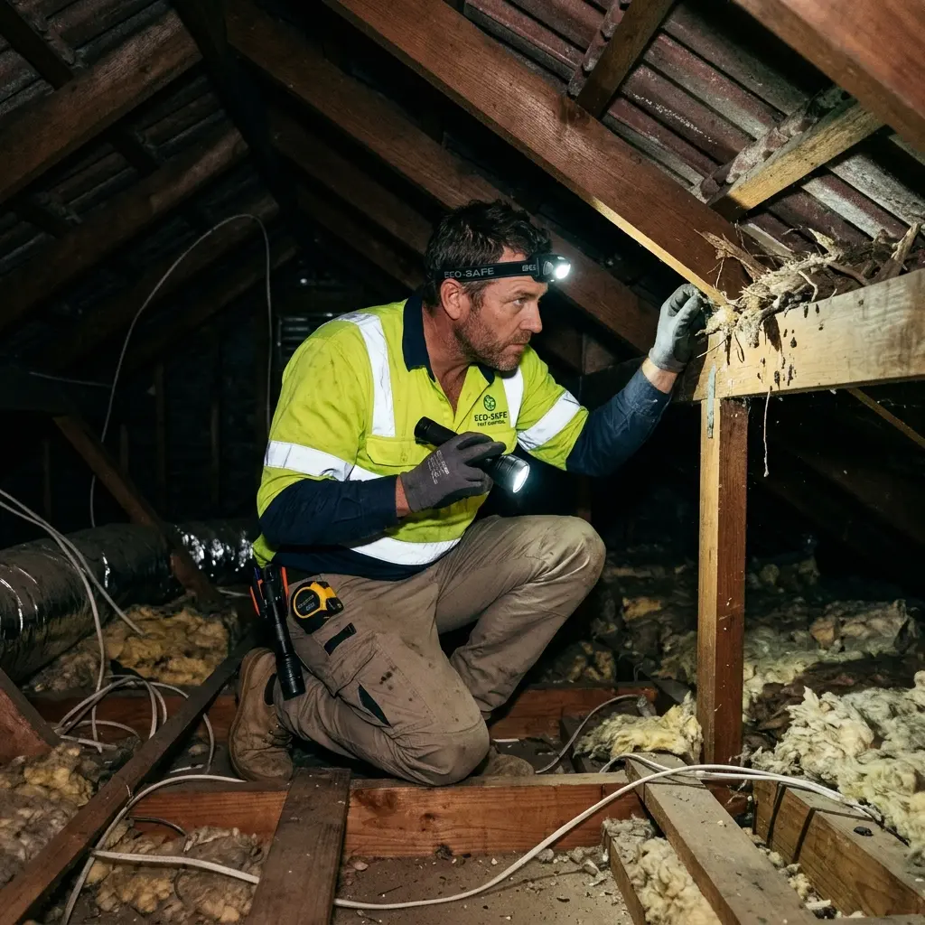 Technician inspecting a roof cavity for a dead animal in Tullamarine